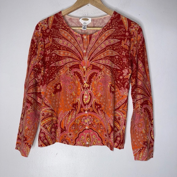Talbots Sweaters - Talbots Pink Orange Paisley Cashmere Crew Neck Button Down Cardigan Medium